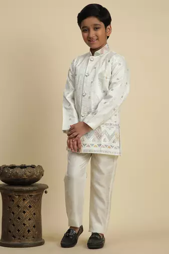 White sequince embroidered silk indowestern set for boys ethnic wear
