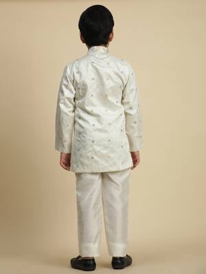 White sequince embroidered silk indowestern set for boys ethnic wear 3