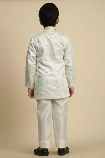 White sequince embroidered silk indowestern set for boys ethnic wear
