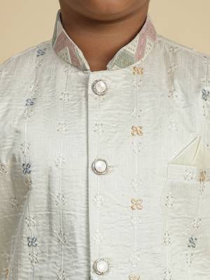 White sequince embroidered silk indowestern set for boys ethnic wear 4