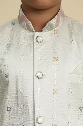 White sequince embroidered silk indowestern set for boys ethnic wear