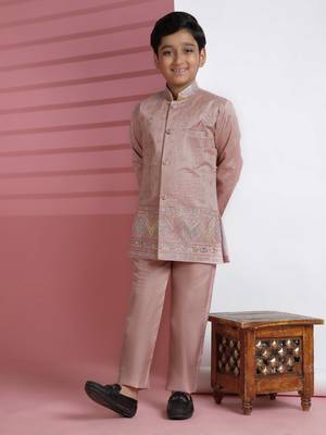 Pink sequince embroidered silk indowestern set for boys ethnic wear 1