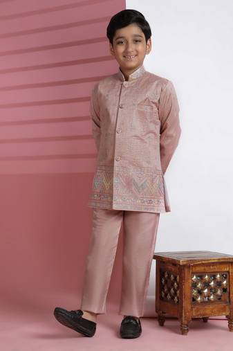 Pink sequince embroidered silk indowestern set for boys ethnic wear