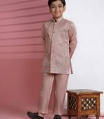 Pink sequince embroidered silk indowestern set for boys ethnic wear