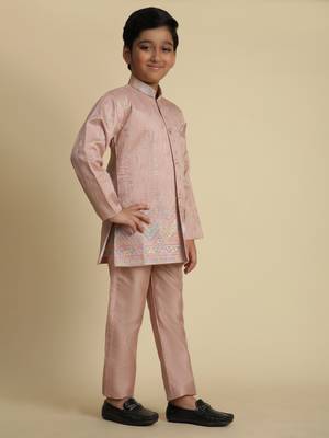 Pink sequince embroidered silk indowestern set for boys ethnic wear 2