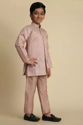 Pink sequince embroidered silk indowestern set for boys ethnic wear