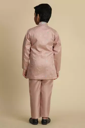 Pink sequince embroidered silk indowestern set for boys ethnic wear