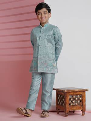 Firozi sequince embroidered silk indowestern set for boys ethnic wear 1