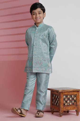 Firozi sequince embroidered silk indowestern set for boys ethnic wear