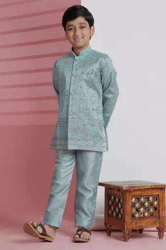 Firozi sequince embroidered silk indowestern set for boys ethnic wear