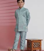 Firozi sequince embroidered silk indowestern set for boys ethnic wear