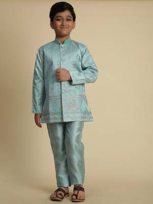 Firozi sequince embroidered silk indowestern set for boys ethnic wear 2