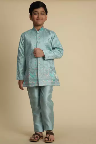 Firozi sequince embroidered silk indowestern set for boys ethnic wear