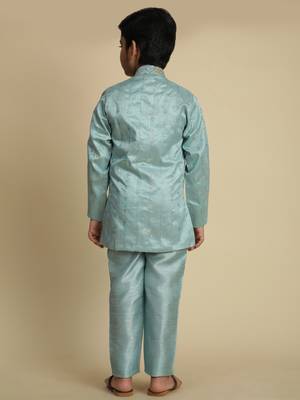 Firozi sequince embroidered silk indowestern set for boys ethnic wear 3
