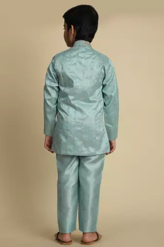 Firozi sequince embroidered silk indowestern set for boys ethnic wear