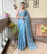 Sky blue burburry  fabric designer thread and sequins embroidery work evening ceremonial saree