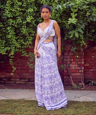 Blue print crepe saree 1