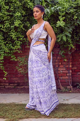 Blue print crepe saree