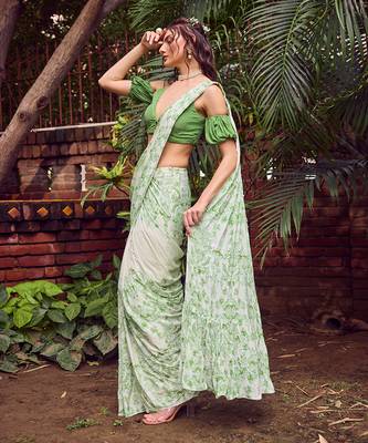 Green print crepe saree 2