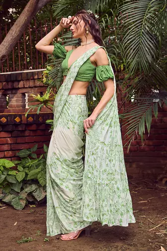 Green print crepe saree