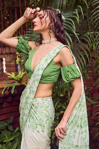 Green print crepe saree