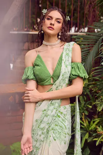 Green print crepe saree
