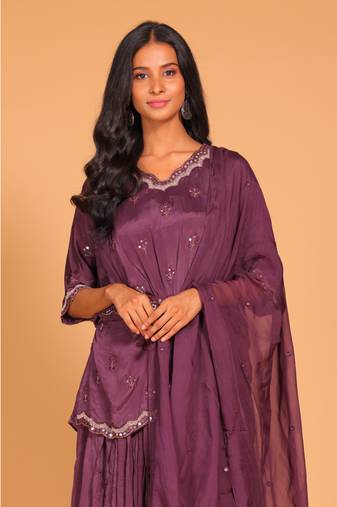 Dark wine  crop top with dupatta hand embroidery