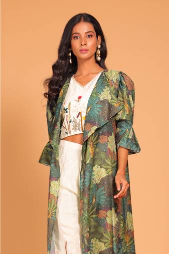 Light multicolour long top with pant hand embroidery