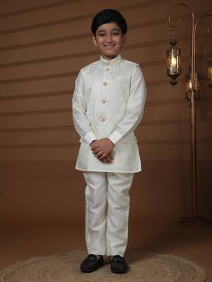 White silk embroidered kurta pajama set with waistcoat for boys party,wedding outfits traditional wear 1