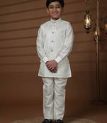 White silk embroidered kurta pajama set with waistcoat for boys party,wedding outfits traditional wear