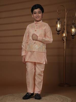 Pink silk embroidered kurta pajama set with waistcoat for boys party,wedding outfits traditional wear 1