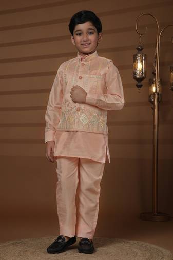 Pink silk embroidered kurta pajama set with waistcoat for boys party,wedding outfits traditional wear