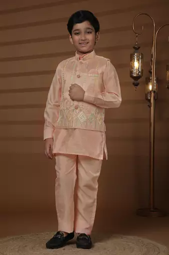 Pink silk embroidered kurta pajama set with waistcoat for boys party,wedding outfits traditional wear