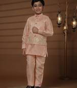 Pink silk embroidered kurta pajama set with waistcoat for boys party,wedding outfits traditional wear