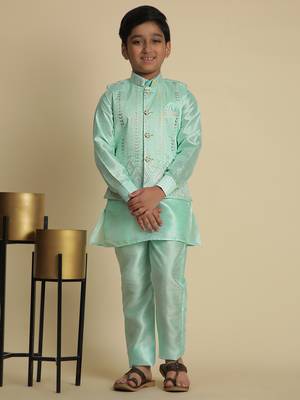 Green silk embroidered kurta pajama set with waistcoat for boys party,wedding outfits traditional wear 1