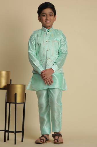 Green silk embroidered kurta pajama set with waistcoat for boys party,wedding outfits traditional wear