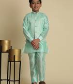 Green silk embroidered kurta pajama set with waistcoat for boys party,wedding outfits traditional wear