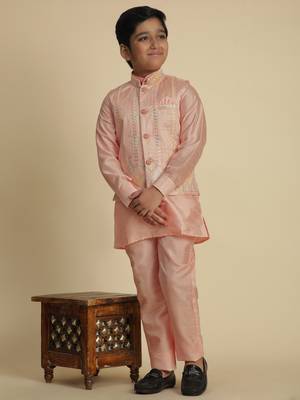 Pink silk embroidered kurta pajama set with waistcoat for boys party,wedding outfits traditional wear 2