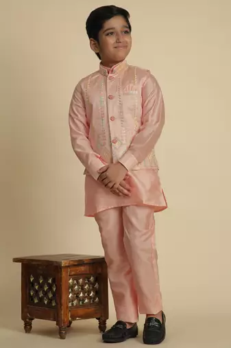 Pink silk embroidered kurta pajama set with waistcoat for boys party,wedding outfits traditional wear