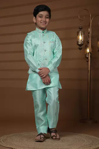 Green silk embroidered kurta pajama set with waistcoat for boys party,wedding outfits traditional wear