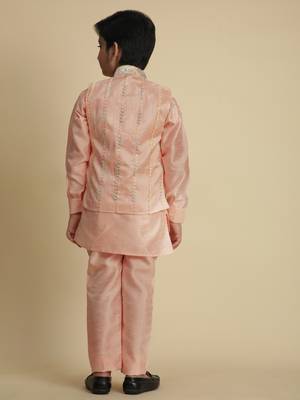 Pink silk embroidered kurta pajama set with waistcoat for boys party,wedding outfits traditional wear 3