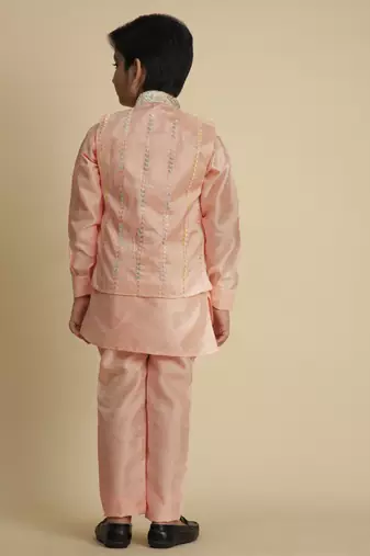 Pink silk embroidered kurta pajama set with waistcoat for boys party,wedding outfits traditional wear