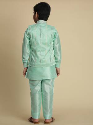 Green silk embroidered kurta pajama set with waistcoat for boys party,wedding outfits traditional wear 3