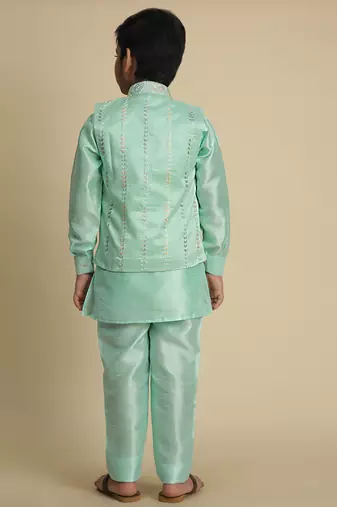 Green silk embroidered kurta pajama set with waistcoat for boys party,wedding outfits traditional wear