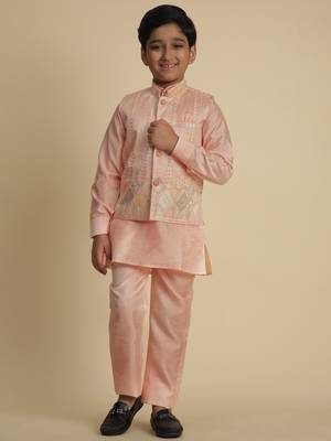 Pink silk embroidered kurta pajama set with waistcoat for boys party,wedding outfits traditional wear 4