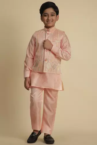 Pink silk embroidered kurta pajama set with waistcoat for boys party,wedding outfits traditional wear