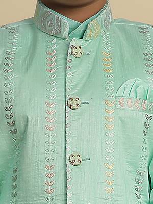 Green silk embroidered kurta pajama set with waistcoat for boys party,wedding outfits traditional wear 4