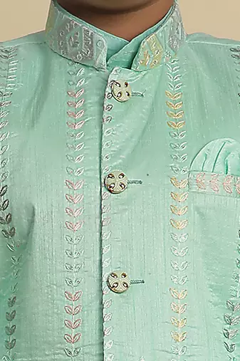 Green silk embroidered kurta pajama set with waistcoat for boys party,wedding outfits traditional wear