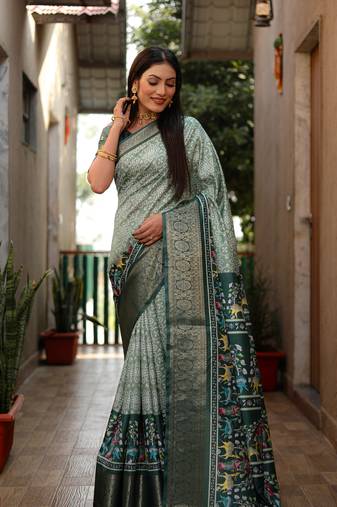 Pista dola silk Woven border designer saree with digital kalamkari and bandhej print