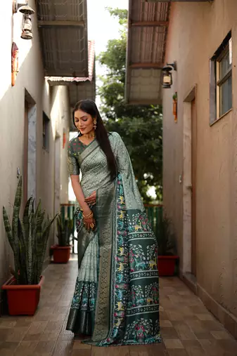 Pista dola silk blend Woven border saree with digital kalamkari and bandhej print